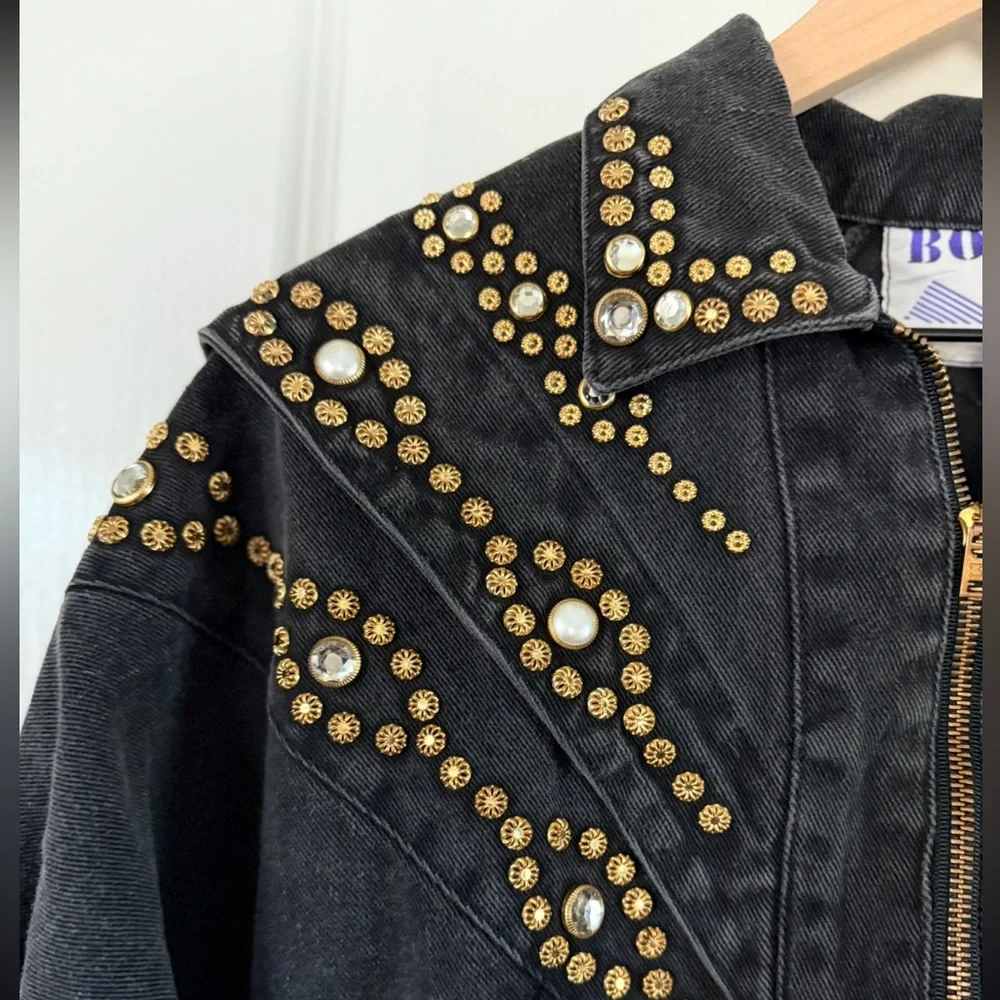 Vintage Boy Blue Studded Black Denim Bomber Jacket Zip Front Statement Coat‎